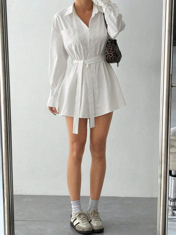 Women's Solid Color Drop Shoulder Long Sleeve Belt Jumpsuit, Spring & Summer