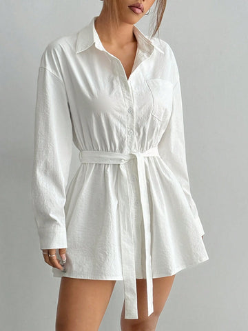 Women's Solid Color Drop Shoulder Long Sleeve Belt Jumpsuit, Spring & Summer