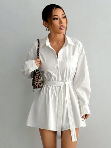 Women's Solid Color Drop Shoulder Long Sleeve Belt Jumpsuit, Spring & Summer