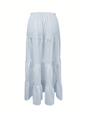 EZwear Women's Solid Color Elastic Waist Layered Ruffle Hem Skirt