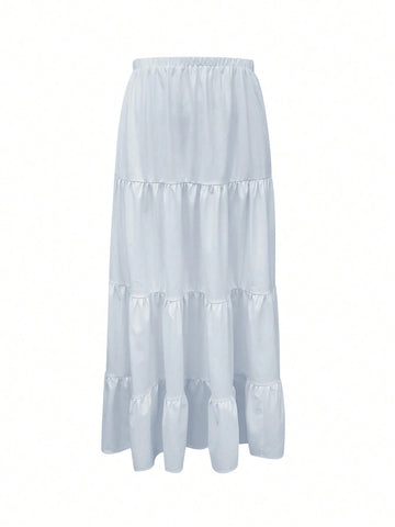 EZwear Women's Solid Color Elastic Waist Layered Ruffle Hem Skirt