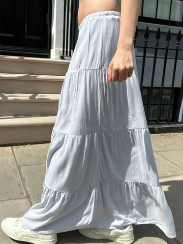 EZwear Women's Solid Color Elastic Waist Layered Ruffle Hem Skirt
