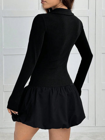 Women's Solid Color Front Button Long Sleeve Casual Fitted Short Dress