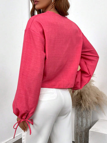 EZwear Women's Solid Color Front Tie Batwing Long Sleeve Casual Loose Shirt, Autumn