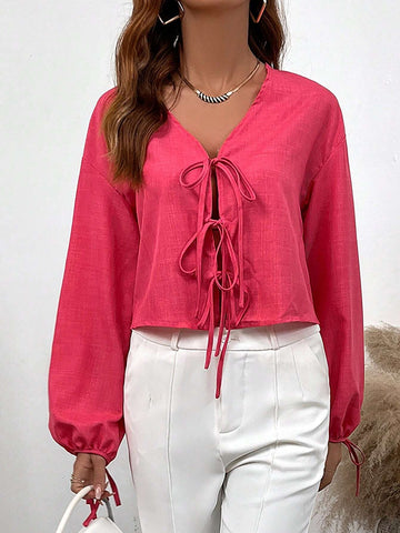 EZwear Women's Solid Color Front Tie Batwing Long Sleeve Casual Loose Shirt, Autumn
