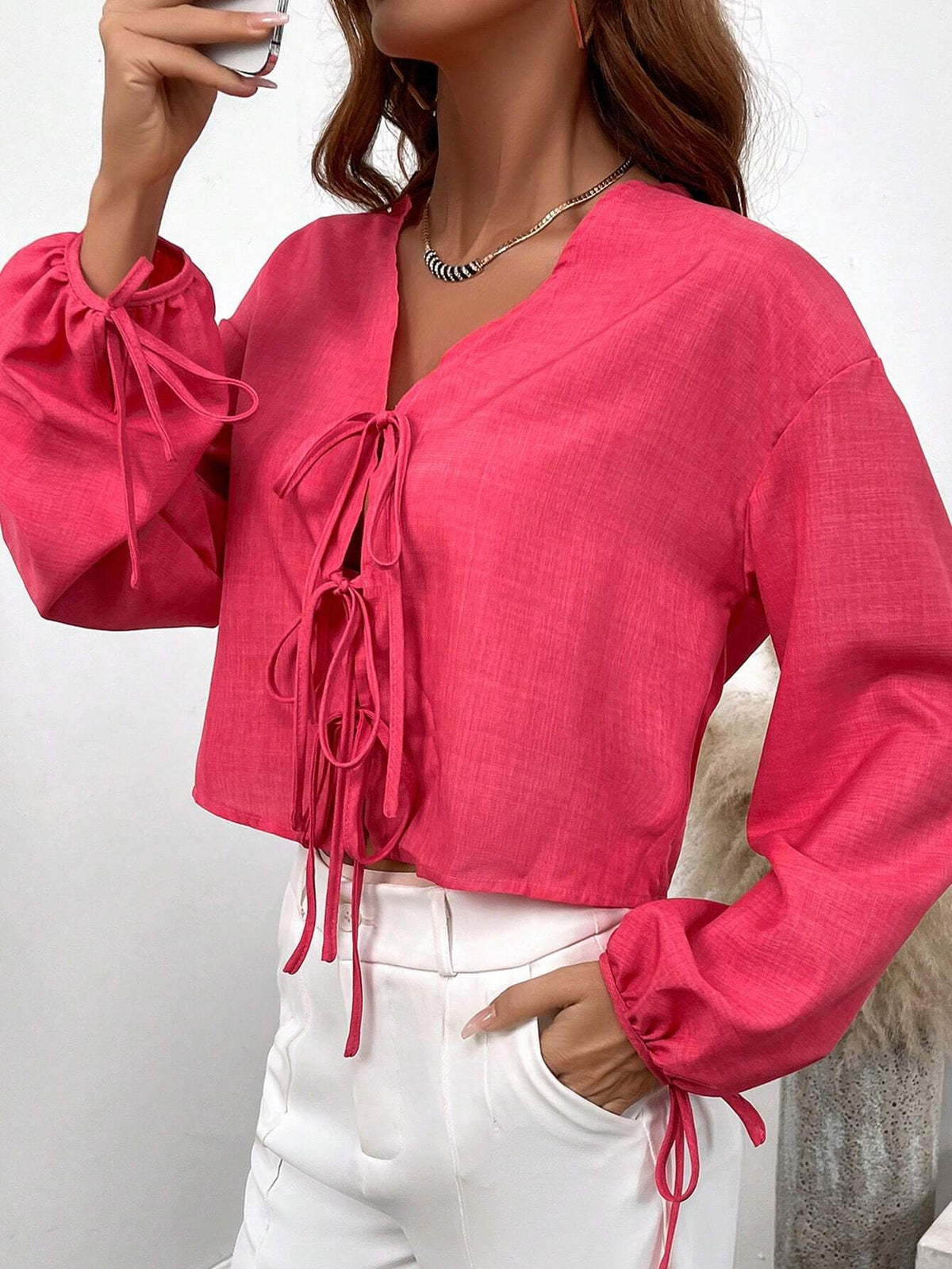 EZwear Women's Solid Color Front Tie Batwing Long Sleeve Casual Loose Shirt, Autumn