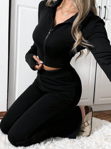 Women's Solid Color Front Zip Long Sleeve Top And Pant Set, Minimalist Style With Fleece Lining, New Design
