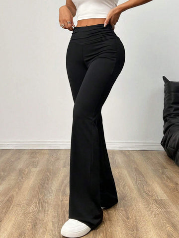 EZwear Women's Solid Color High Waisted Pleated Flared Pants For Casual Wear