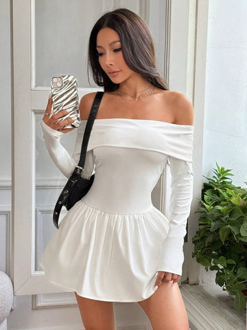 Women's Solid Color Off Shoulder Long Sleeve Ruffle Hem Short Dress, For Autumn