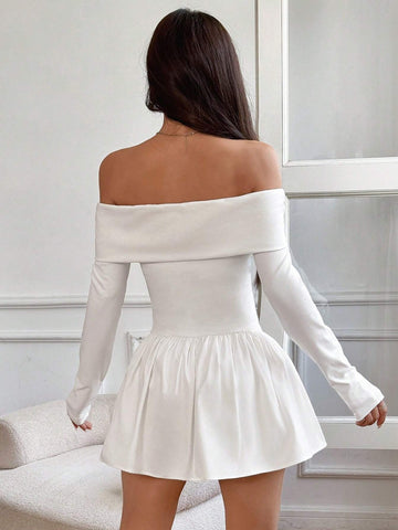 Women's Solid Color Off Shoulder Long Sleeve Ruffle Hem Short Dress, For Autumn