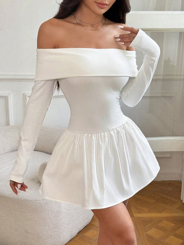 Women's Solid Color Off Shoulder Long Sleeve Ruffle Hem Short Dress, For Autumn