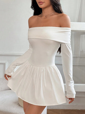 Women's Solid Color Off Shoulder Long Sleeve Ruffle Hem Short Dress, For Autumn