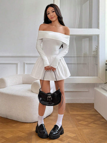 Women's Solid Color Off Shoulder Long Sleeve Ruffle Hem Short Dress, For Autumn
