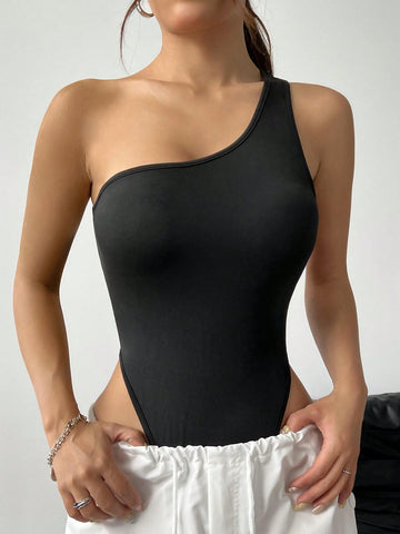 Women's Solid Color One-Shoulder Sleeveless Backless Bodysuit