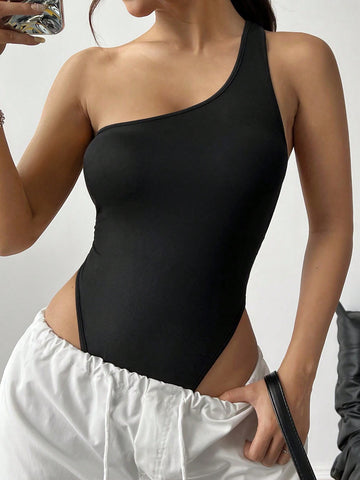 Women's Solid Color One-Shoulder Sleeveless Backless Bodysuit