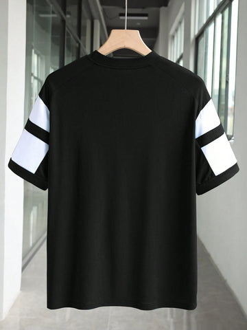 Women's Solid Color Patchwork Crew Neck Short Sleeve Numeric Print Casual Top