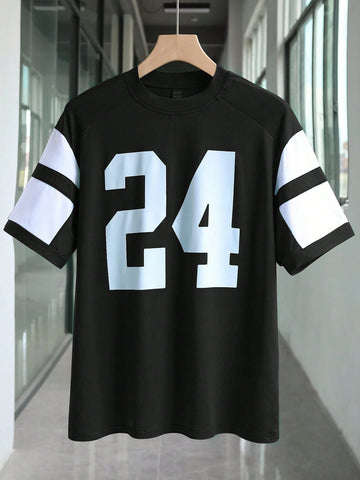 Women's Solid Color Patchwork Crew Neck Short Sleeve Numeric Print Casual Top