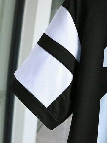 Women's Solid Color Patchwork Crew Neck Short Sleeve Numeric Print Casual Top