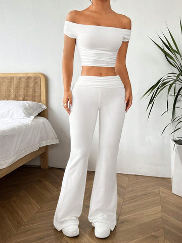 Women's Solid Color Pleated One-Shoulder Cropped T-Shirt And Flare Pants Two-Piece Set