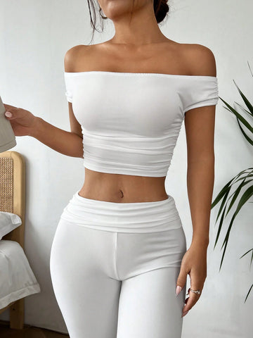 Women's Solid Color Pleated One-Shoulder Cropped T-Shirt And Flare Pants Two-Piece Set