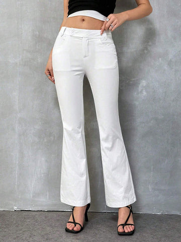 EZwear Women's Solid Color Pocket Detail Minimalist Casual Flare Pants