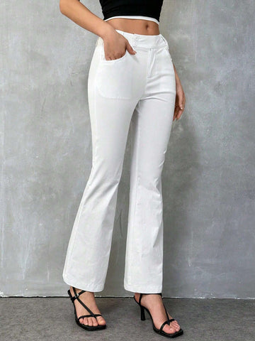 EZwear Women's Solid Color Pocket Detail Minimalist Casual Flare Pants