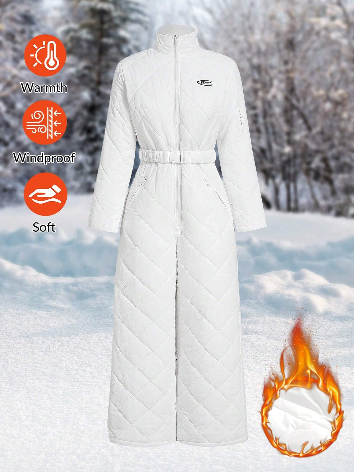Women's Solid Color Quilted Zippered Ski Jumpsuit, Winter