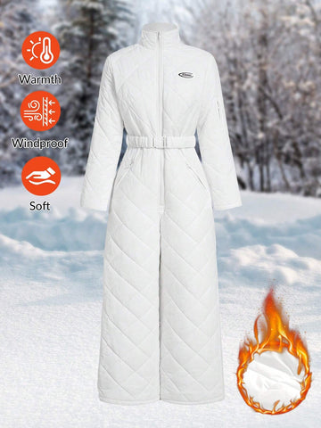 Women's Solid Color Quilted Zippered Ski Jumpsuit, Winter
