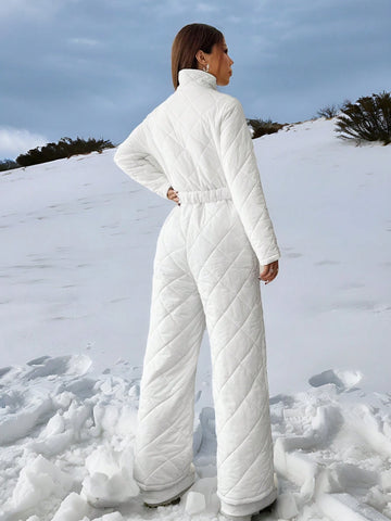 Women's Solid Color Quilted Zippered Ski Jumpsuit, Winter