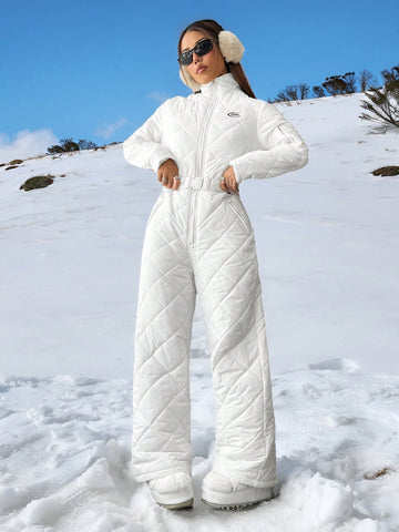 Women's Solid Color Quilted Zippered Ski Jumpsuit, Winter