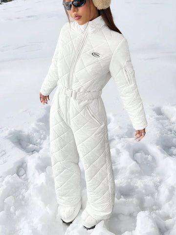 Women's Solid Color Quilted Zippered Ski Jumpsuit, Winter