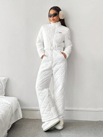 Women's Solid Color Quilted Zippered Ski Jumpsuit, Winter