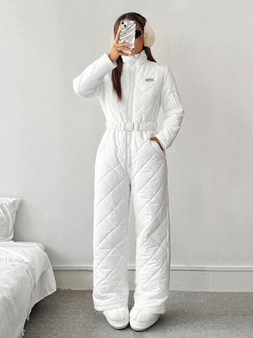 Women's Solid Color Quilted Zippered Ski Jumpsuit, Winter