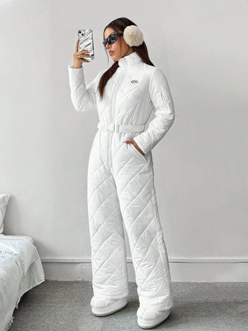 Women's Solid Color Quilted Zippered Ski Jumpsuit, Winter