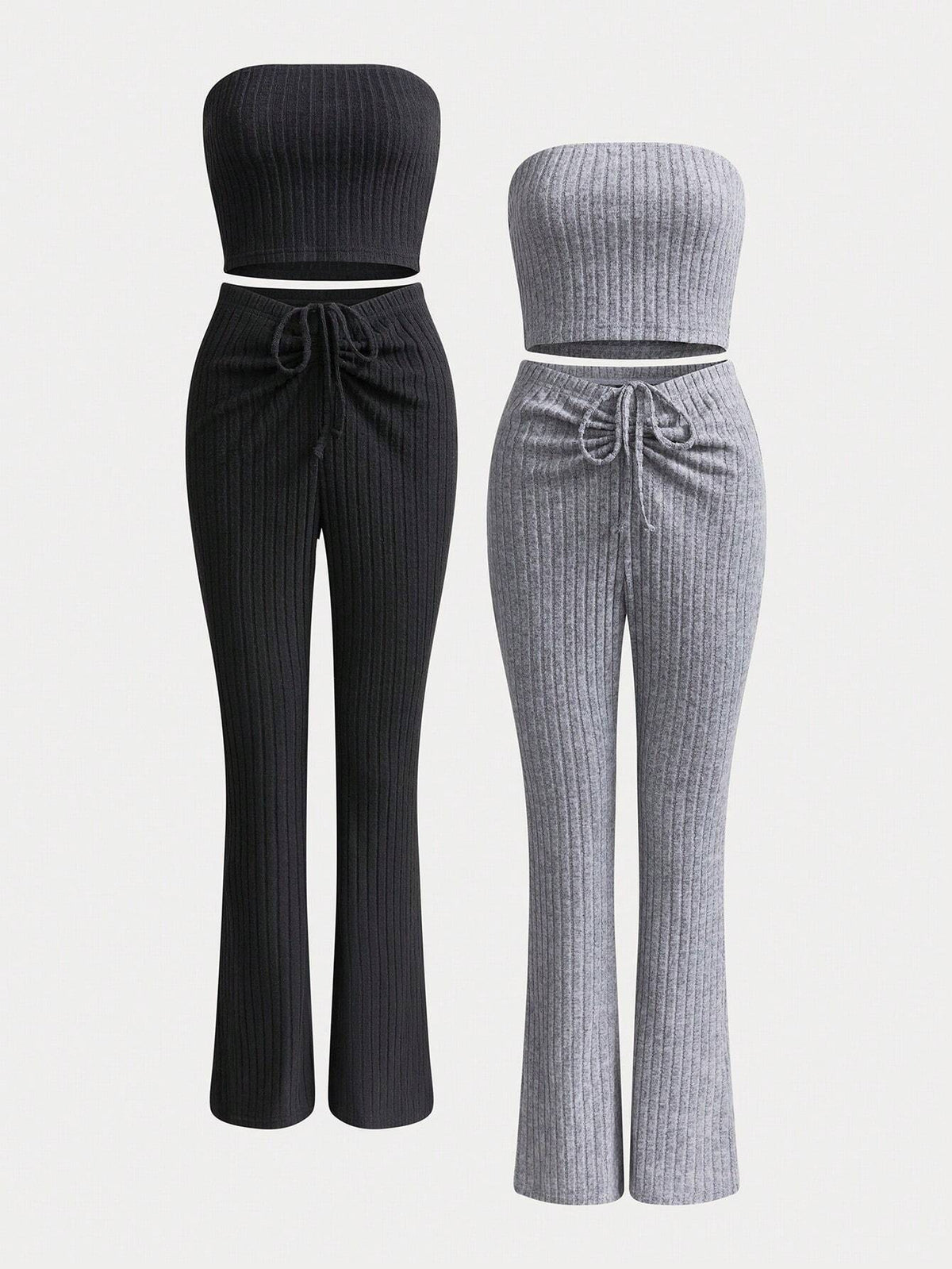 Women's Solid Color Ribbed Strapless Top And Bell Bottom Pants Two-Piece Set