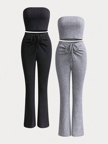 Women's Solid Color Ribbed Strapless Top And Bell Bottom Pants Two-Piece Set