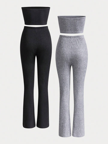 Women's Solid Color Ribbed Strapless Top And Bell Bottom Pants Two-Piece Set