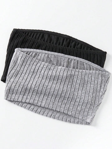 Women's Solid Color Ribbed Strapless Top And Bell Bottom Pants Two-Piece Set