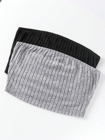 Women's Solid Color Ribbed Strapless Top And Bell Bottom Pants Two-Piece Set