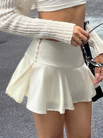 EZwear Women's Solid Color Ruffle Hem Mini Skirt With Faux Pearl Button
