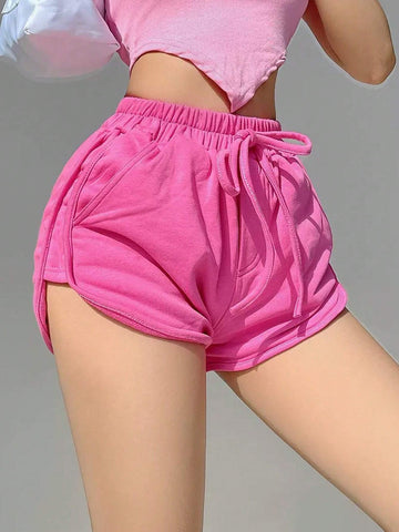 EZwear Women's Solid Color Simple And Casual Belted Shorts For Daily Wear