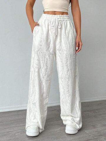 EZwear Women's Solid Color Simple Daily Casual Wide Leg Texture Fabric Pants