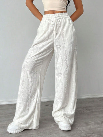 EZwear Women's Solid Color Simple Daily Casual Wide Leg Texture Fabric Pants