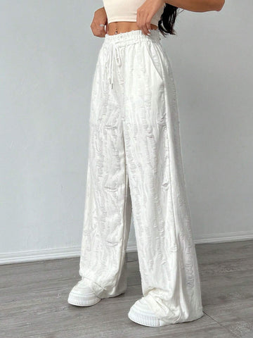 EZwear Women's Solid Color Simple Daily Casual Wide Leg Texture Fabric Pants