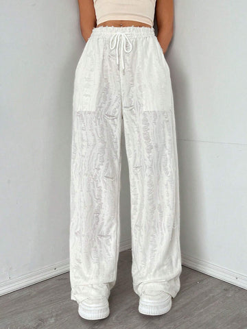 EZwear Women's Solid Color Simple Daily Casual Wide Leg Texture Fabric Pants