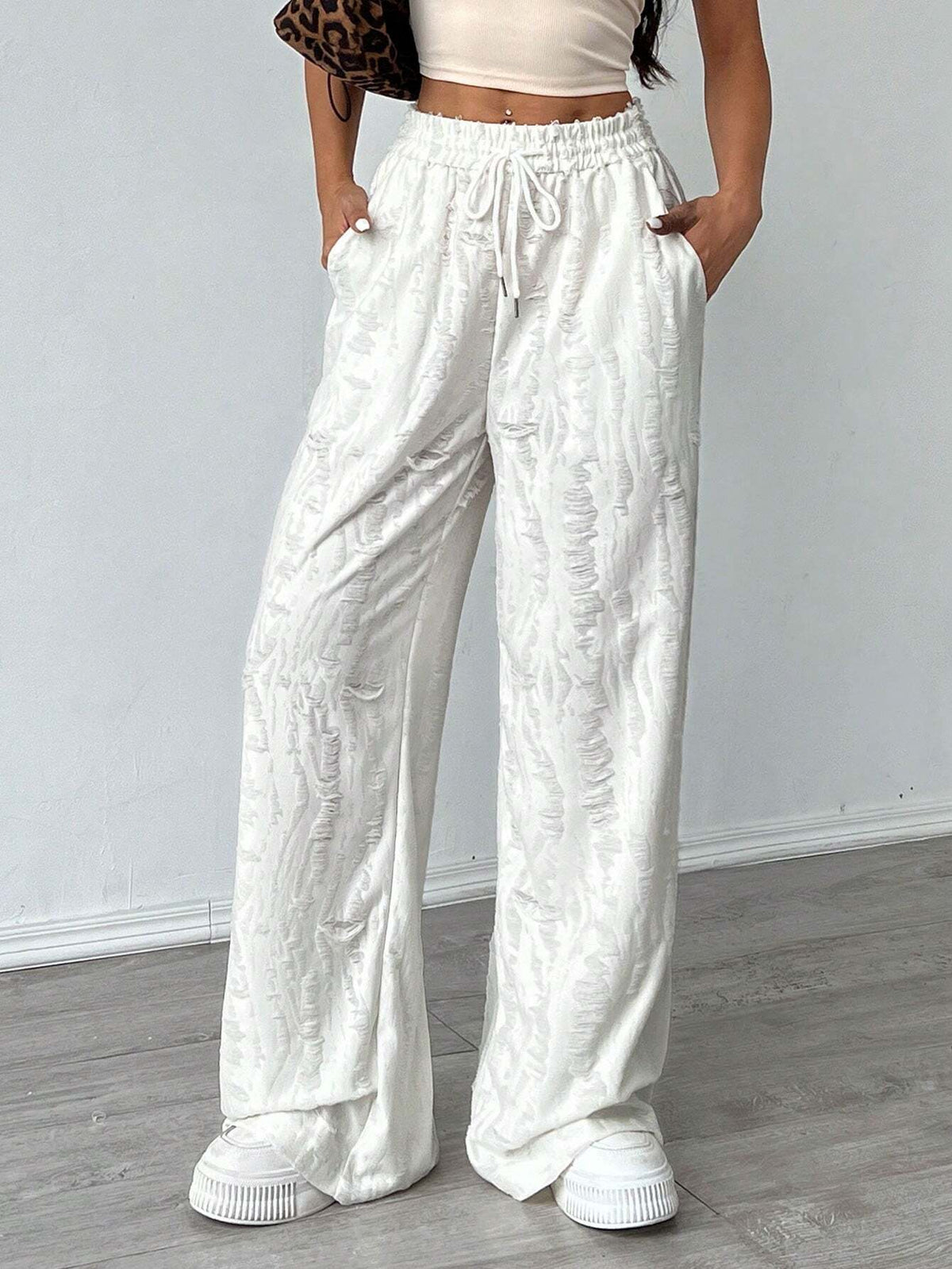 EZwear Women's Solid Color Simple Daily Casual Wide Leg Texture Fabric Pants