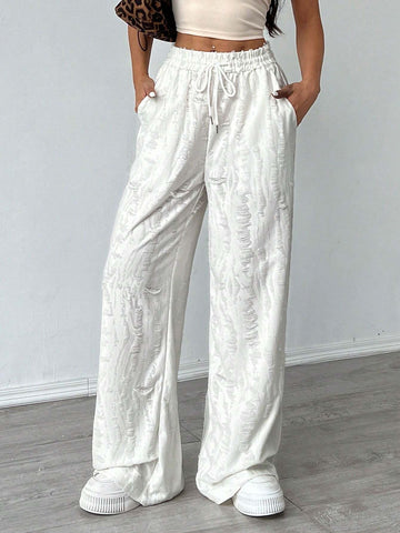 EZwear Women's Solid Color Simple Daily Casual Wide Leg Texture Fabric Pants