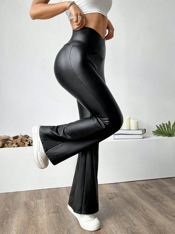 EZwear Women's Solid Color Simple Daily PU Flare Pants