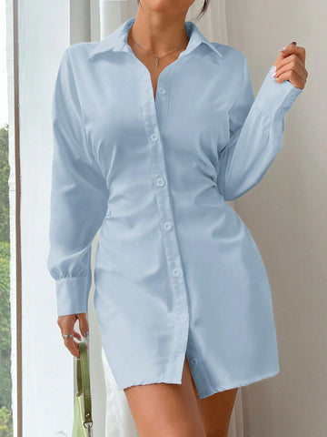Women's Solid Color Simple Design Turn-Down Collar Shirt Dress