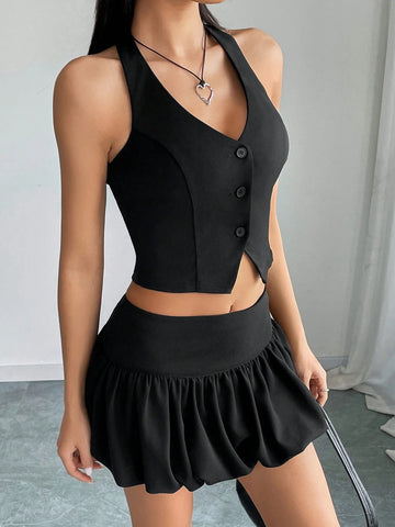 Women's Solid Color Single-Breasted Halter Tie Vest And Pleated Midi Skirt Casual Suit